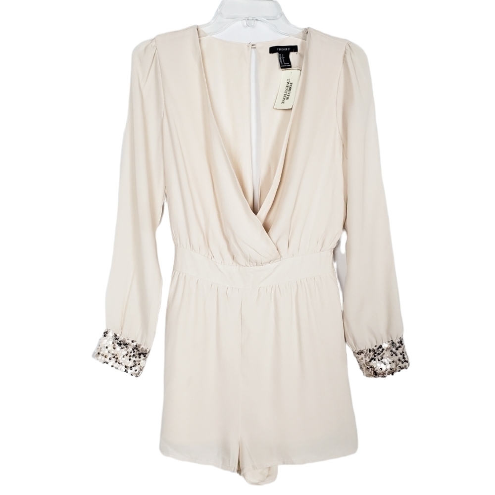 FOREVER 21 Sequined Cuffed Chiffon Romper long sleeve